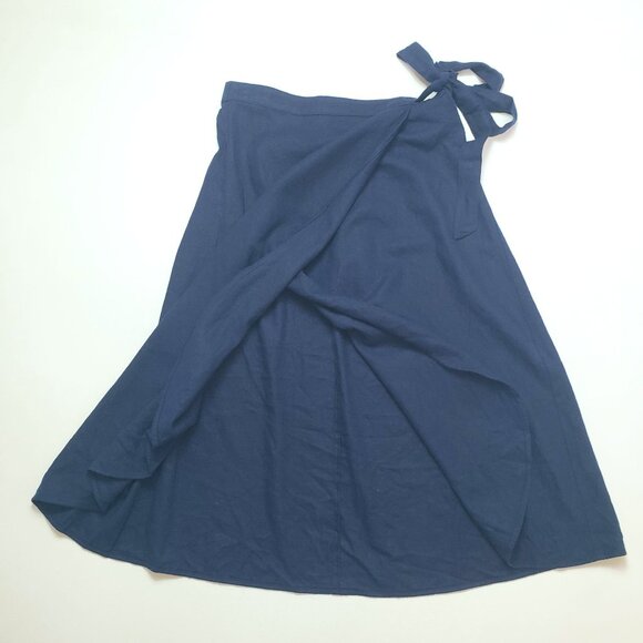 J.Crew Factory Petite Linen-Blend Faux-Wrap Skirt Women's PS Navy Linen Classic - Picture 11 of 16